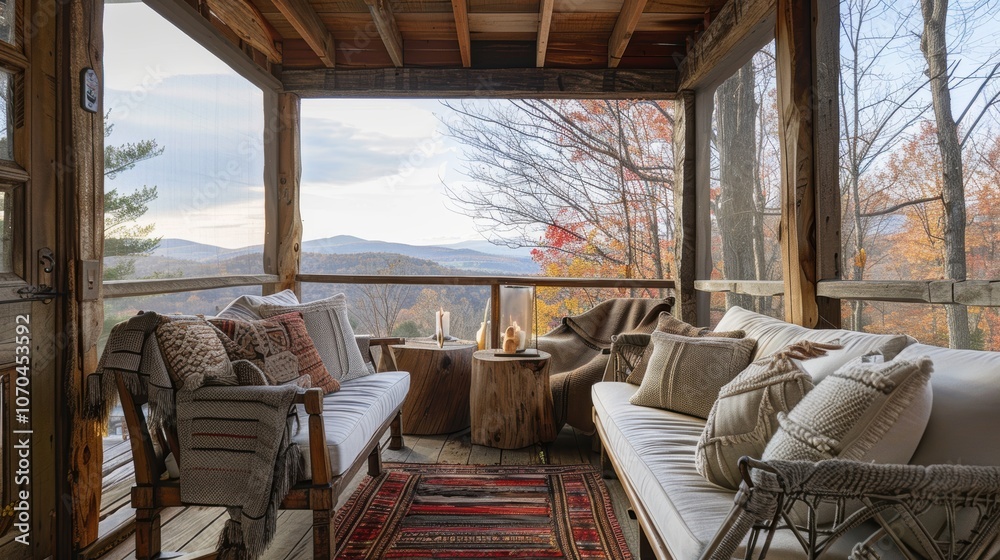 Fototapeta premium Cozy Mountain Porch with Rustic Decor for Relaxing Outdoor Enjoyment