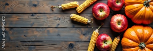 A vibrant arrangement of apples, pumpkins, and corn on a rustic wooden table, perfect for autumn-themed projects and harvest celebrations. photo