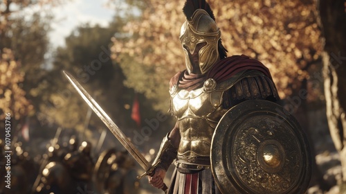 Spartan warrior holding sword and shield in battle scene