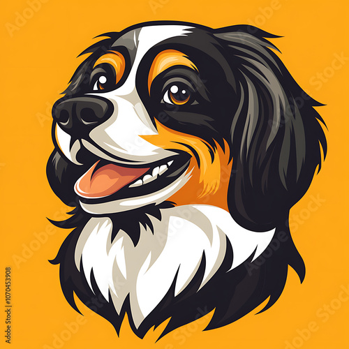 Happy dog illustration with vibrant yellow background, showcasing friendly expression and detailed fur patterns. Perfect for pet lovers and animal themed designs photo