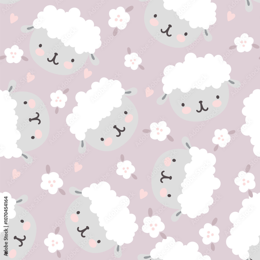 Cute hand drawn sheep on a purple pastel background with flowers and kawaii hearts seamless pattern for kids Cute hand drawn sheep on a purple pastel background with flowers and kawaii hearts seamless pattern for kids