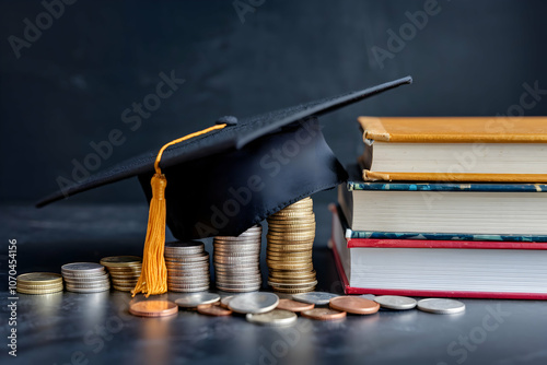 Graduation cap on stacked coins and books, emphasizing educations value