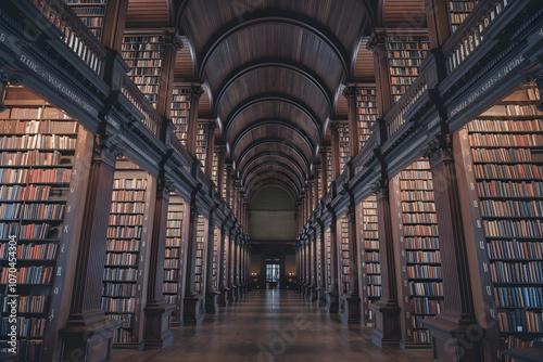 Grand library with towering shelves, serene atmosphere of vast knowledge