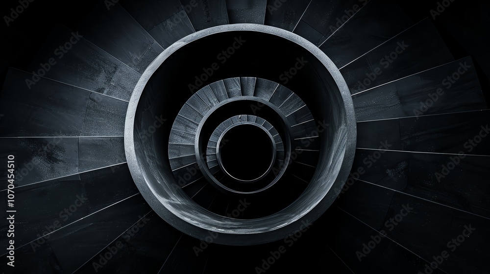Fototapeta premium Iron staircase spiraling upward, industrial-style background, geometric composition