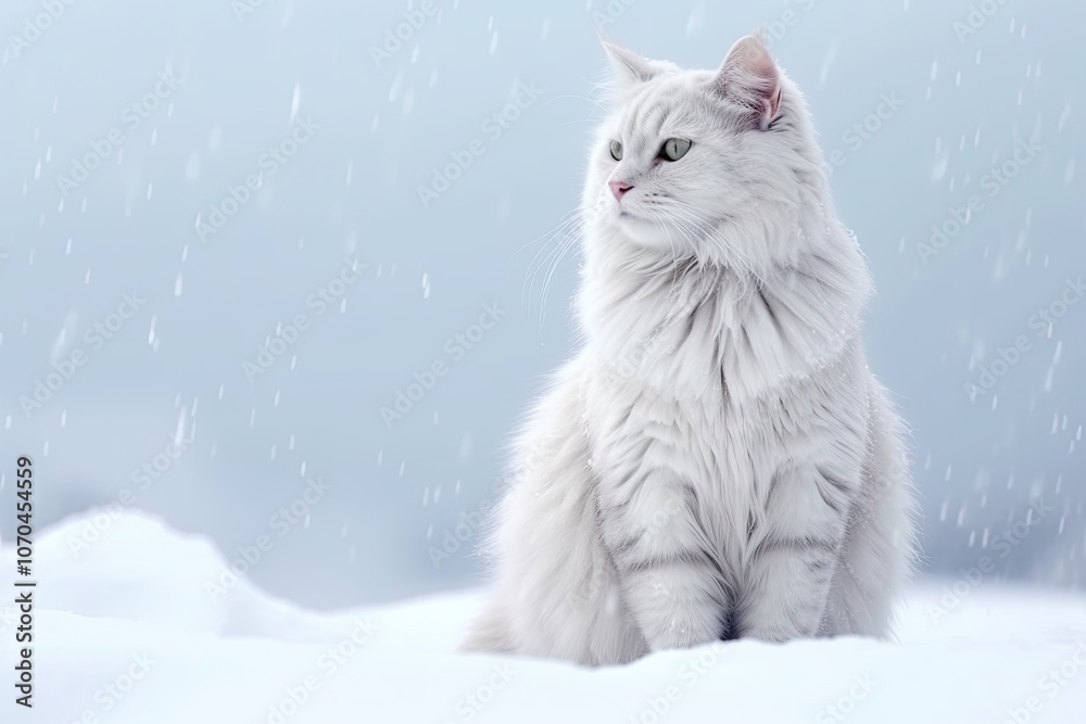 A beautiful white cat with a thick coat sits quietly amidst fresh snow while soft snowflakes fall around, creating a serene winter atmosphere A beautiful white cat with a thick coat sits quietly amidst fresh snow while soft snowflakes fall around, creating a serene winter atmosphere