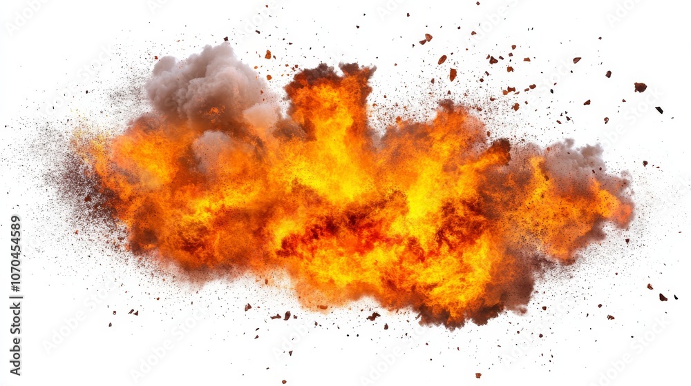 Realistic fire explosion with debris and smoke generating intense heat on white background Realistic fire explosion with debris and smoke generating intense heat on white background