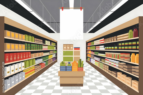 Grocery aisle with vibrant products and central white promotional banner