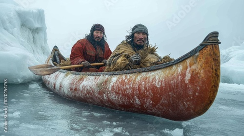 Inuit hunters paddling canoe in icy arctic waters