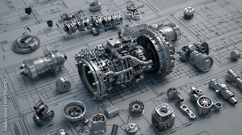 A large engine is shown in a white background. The engine is surrounded by a lot of other machinery and is the center of attention. Concept of complexity and power