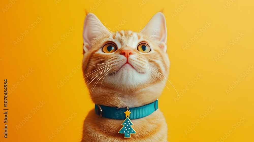 Portrait of an orange cat with a Christmas tree collar on a yellow background