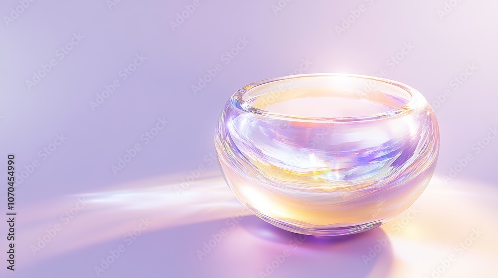 A clear glass orb with an iridescent surface reflecting light on a soft pink background. A clear glass orb with an iridescent surface reflecting light on a soft pink background.