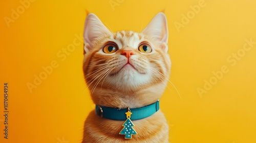 Obraz na płótnie Portrait of an orange cat with a Christmas tree collar on a yellow background w salonie