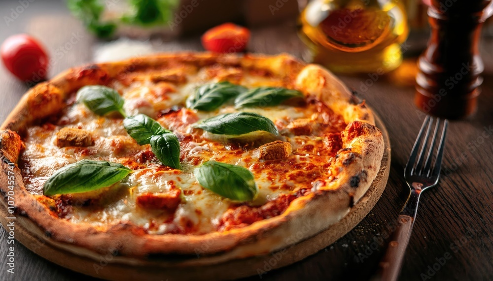 Deliciously baked pizza with fresh toppings ready to be enjoyed Deliciously baked pizza with fresh toppings ready to be enjoyed