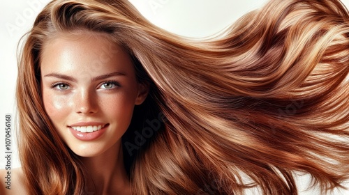 A young woman with a radiant smile showcasing her healthy hairstyle in a beauty salon against a bright white backdrop, 