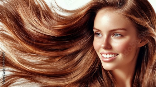 A young woman with a radiant smile showcasing her healthy hairstyle in a beauty salon against a bright white backdrop, 