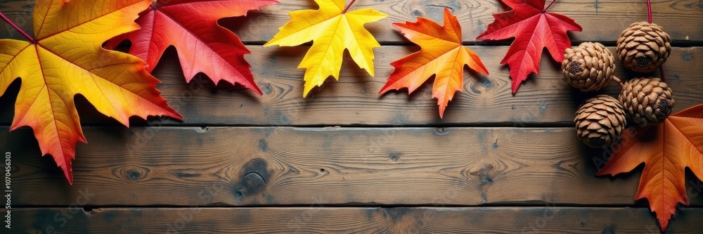 Vibrant autumn leaves and pine cones arranged on rustic wooden surface, perfect for seasonal designs, nature themes, and creative projects. Vibrant autumn leaves and pine cones arranged on rustic wooden surface, perfect for seasonal designs, nature themes, and creative projects.