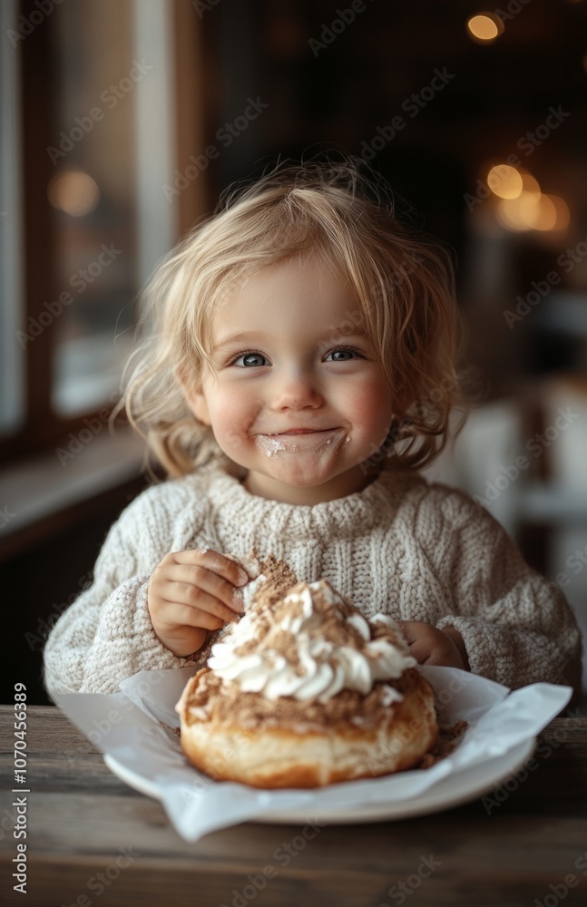 Happy Toddler Eating Big Cinnamon Roll with Cream on Top Happy Toddler Eating Big Cinnamon Roll with Cream on Top