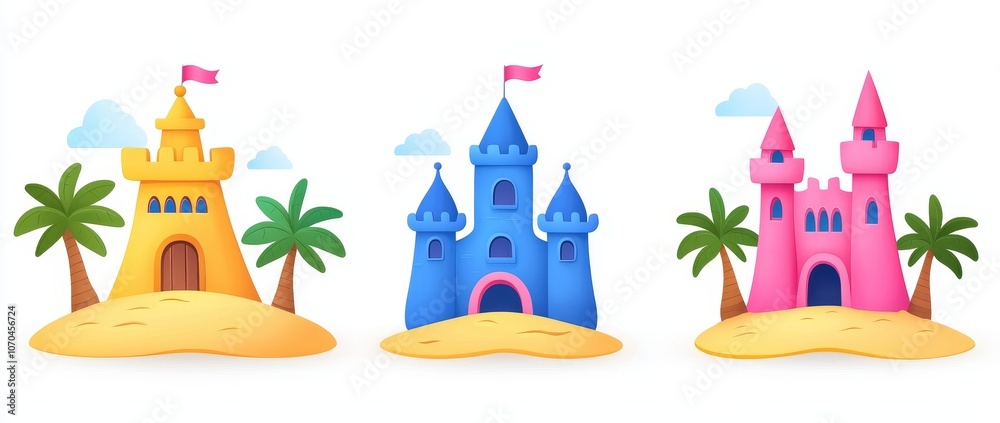 Sculpture of a beach sandcastle toy in summer. Icons of seashells, rocks, and tropical flowers. Cartoon holiday sculpture clipart drawing with red flag. Fantasy palace design clipart. Sculpture of a beach sandcastle toy in summer. Icons of seashells, rocks, and tropical flowers. Cartoon holiday sculpture clipart drawing with red flag. Fantasy palace design clipart.