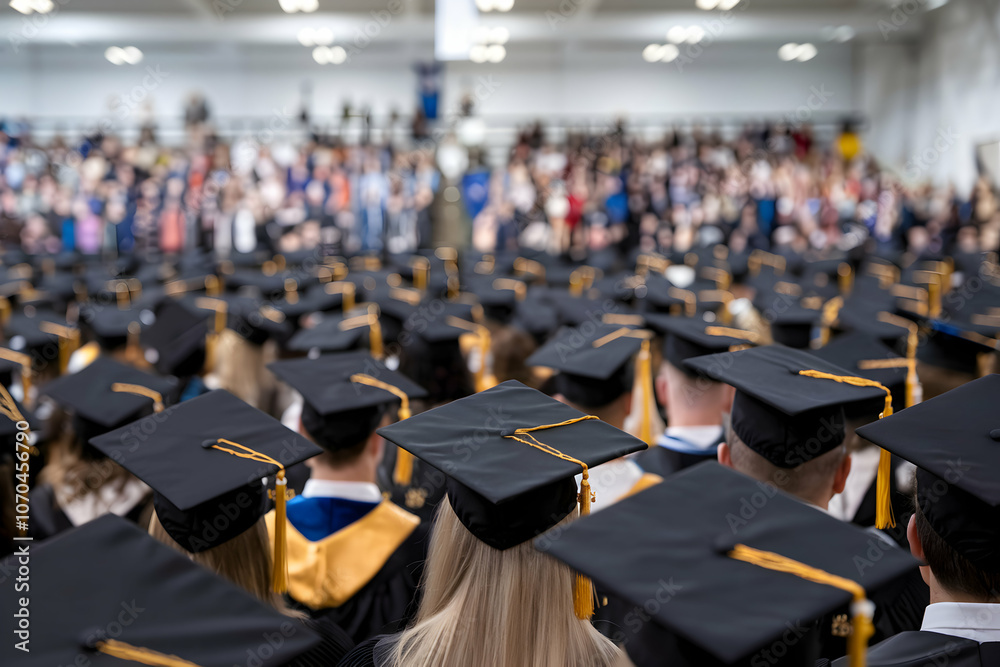 Graduates in caps and gowns at formal ceremony, surrounded by attendees Graduates in caps and gowns at formal ceremony, surrounded by attendees