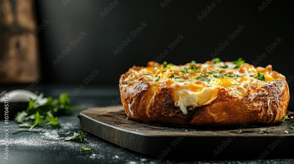 Golden regag bread cooked with fillings of cheese and eggs. Copy space Golden regag bread cooked with fillings of cheese and eggs. Copy space