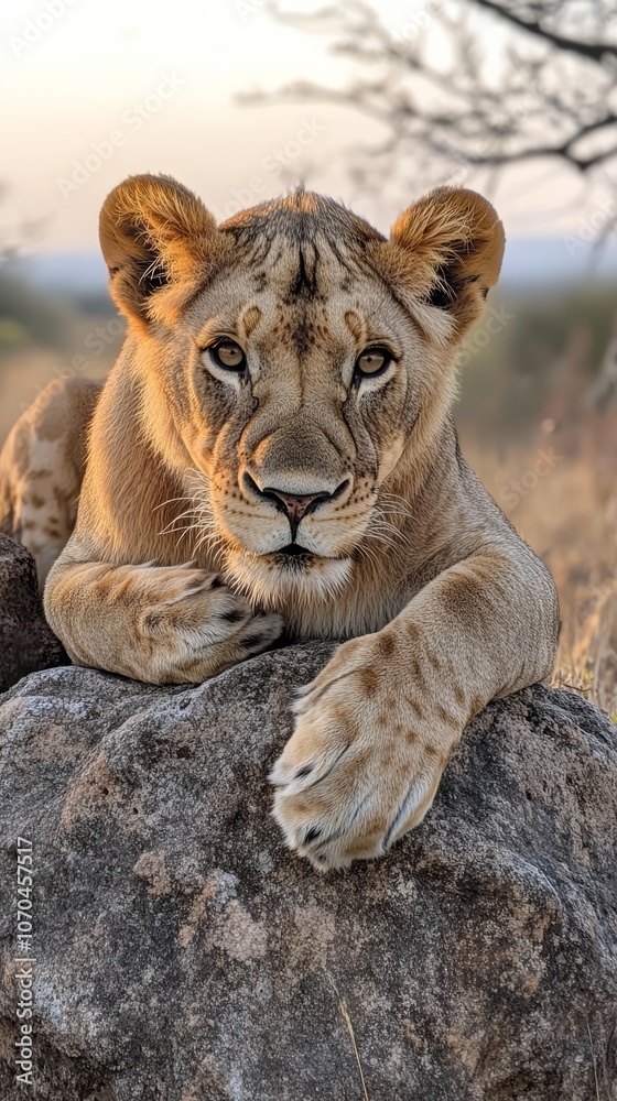 Young lion resting on rock in african savanna Young lion resting on rock in african savanna