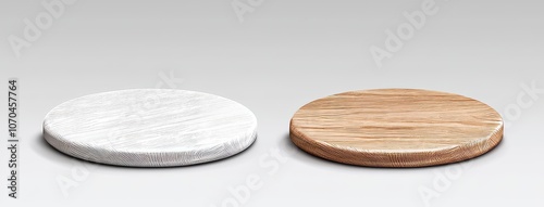 Round wooden podium for kitchen. Isolated brown and white display pedestal. Minimal log base for premium presentation mockup template. Studio view. photo