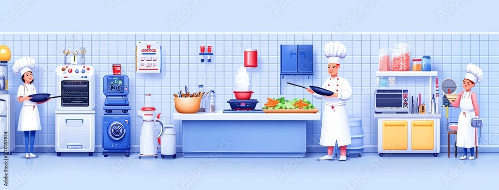 Woman chef in uniform and hat making food in a restaurant kitchen. Cartoon decor with modern furniture, equipment, and utensils. Female cook prepares meal in a cafe. Woman chef in uniform and hat making food in a restaurant kitchen. Cartoon decor with modern furniture, equipment, and utensils. Female cook prepares meal in a cafe.