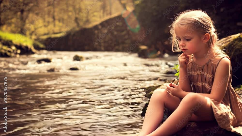 Contemplative little girl sitting on a rock by the river/stream. Child deep in thought outdoors exploring nature. Lonely childhood concept. Countryside leisure activity. Walk in a forest by the shore. Contemplative little girl sitting on a rock by the river/stream. Child deep in thought outdoors exploring nature. Lonely childhood concept. Countryside leisure activity. Walk in a forest by the shore.
