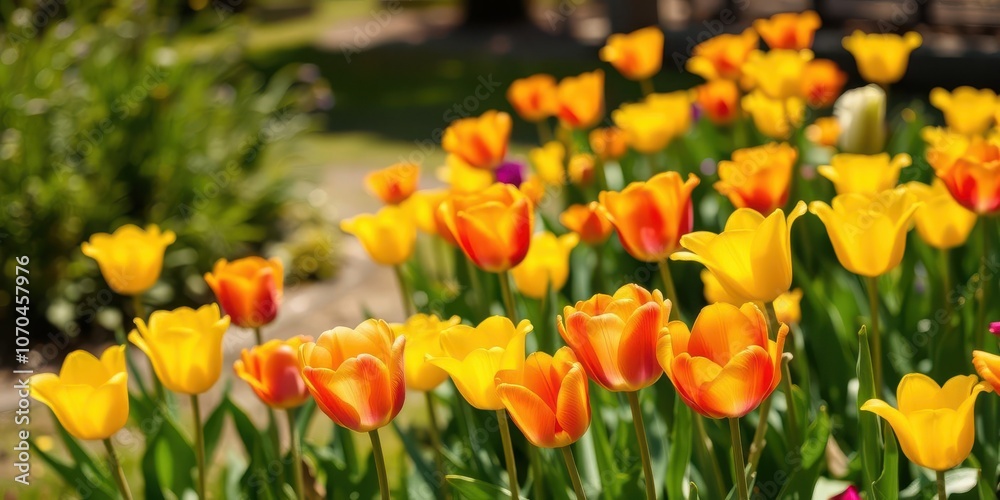 A beautiful row of vibrant yellow tulips blooming in a spring garden, outdoor, color A beautiful row of vibrant yellow tulips blooming in a spring garden, outdoor, color