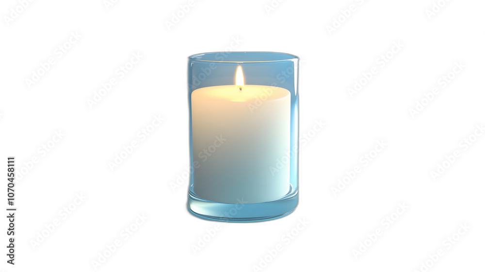 Full body shot. A plain white candle in a glass holder, positioned upright on a light blue background, 4k resolution, no background, no shadow Full body shot. A plain white candle in a glass holder, positioned upright on a light blue background, 4k resolution, no background, no shadow