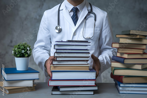 Medical professional in white coat with books, exuding knowledge and care