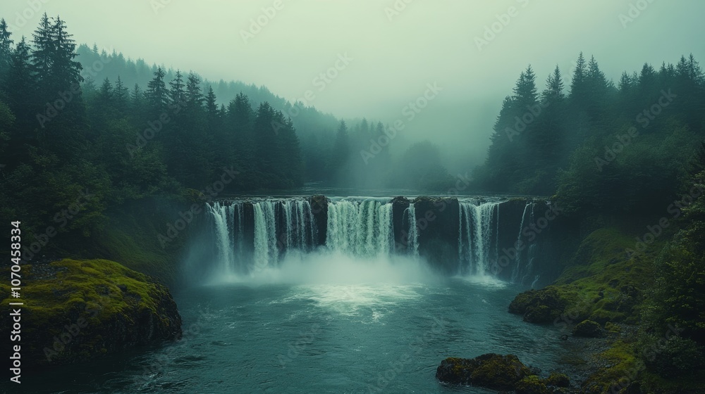 Fototapeta premium Waterfall cascading into river in misty forest landscape