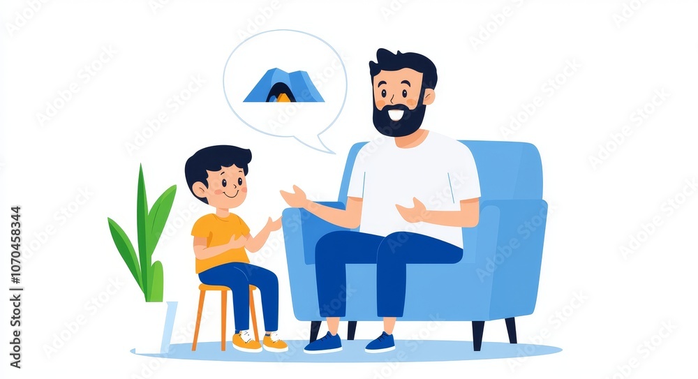 Talking to teen kids about coal mine while sitting on carpet in living room. Cartoon modern teenage girl listening to dad's story about profession miner. Parent talking with children. Talking to teen kids about coal mine while sitting on carpet in living room. Cartoon modern teenage girl listening to dad's story about profession miner. Parent talking with children.