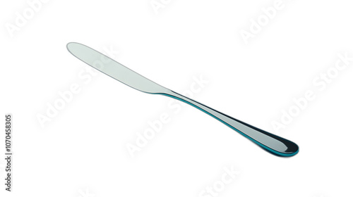 Full body shot. A silver butter knife with a rounded edge, lying diagonally on a soft blue background, 4k resolution, no background, no shadow