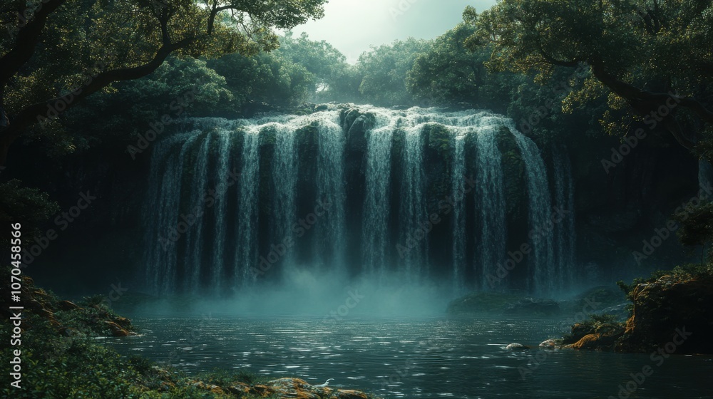 Serene waterfall cascading into a misty pool surrounded by greenery.