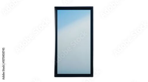 Full body shot. A rectangular wall mirror with a minimalist frame, positioned vertically on a rich blue background, 4k resolution, no background, no shadow