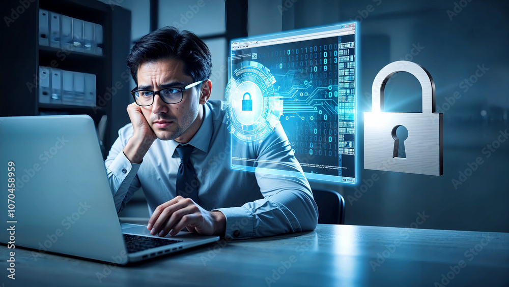 ロックアイコンとインターネットでサイバーセキュリティとプライバシー保護を象徴する構図。生成AI