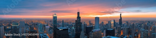 A panoramic view of the Chicago skyline at sunset.