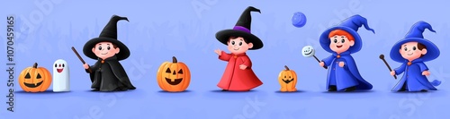 A modern cartoon illustration of a spooky graveyard, haunted house, kids dressed in scary clothes playing trick or treating, the full moon in the sky, with children in Halloween costumes playing