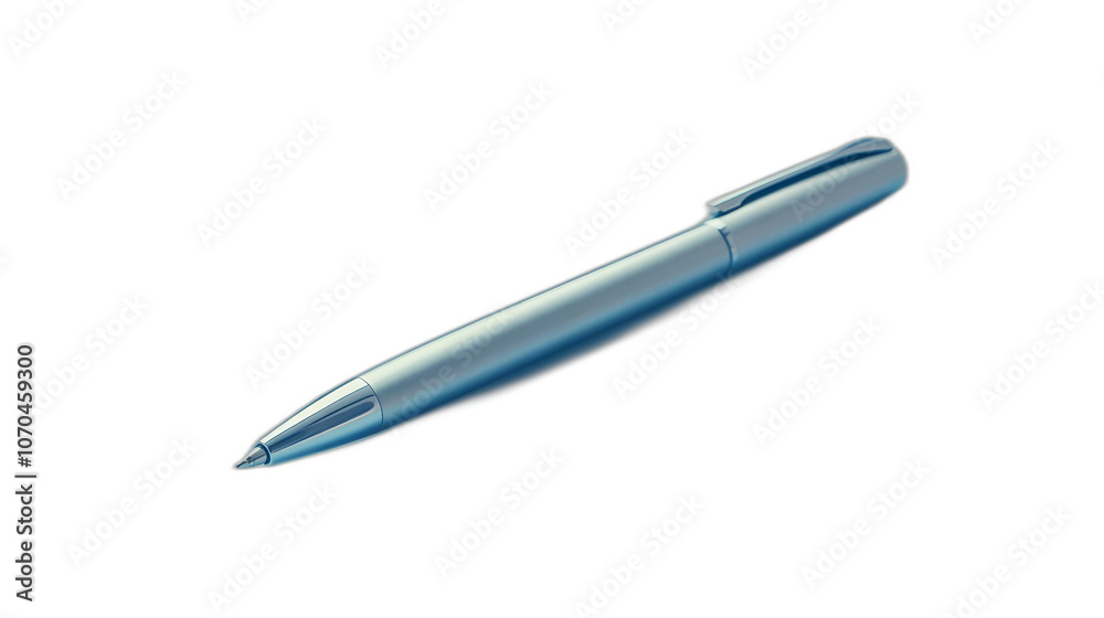 Full body shot. A silver ballpoint pen lying flat with a polished surface, positioned on a light blue background, 4k resolution, no background, no shadow Full body shot. A silver ballpoint pen lying flat with a polished surface, positioned on a light blue background, 4k resolution, no background, no shadow