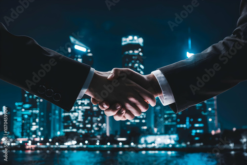 City lights and handshake silhouette suggest futuristic urban connection