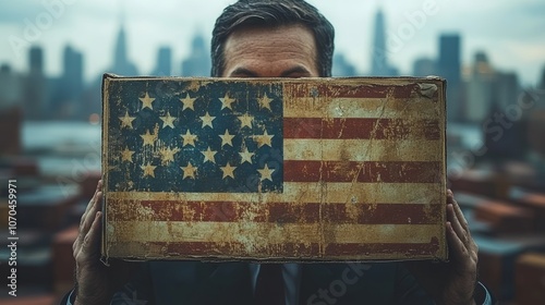 Businessman holding a worn american flag in front of his face with new york city skyline in background