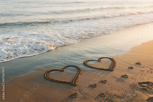 Beach hearts in wet sand with soft waves under golden sunset