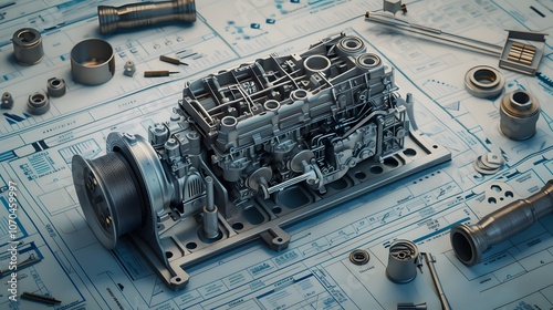 A large engine is shown in a white background. The engine is surrounded by a lot of other machinery and is the center of attention. Concept of complexity and power