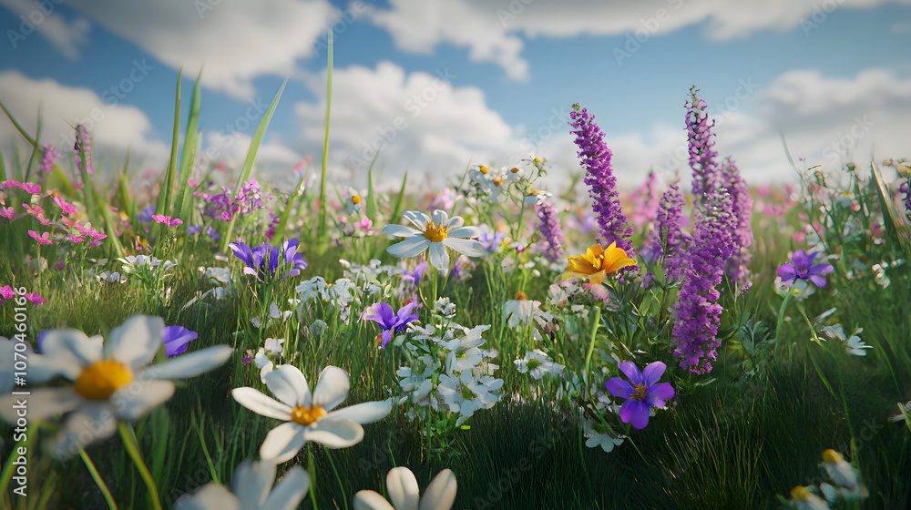 A vibrant field of wildflowers blooms under a blue sky with fluffy white clouds. A vibrant field of wildflowers blooms under a blue sky with fluffy white clouds.