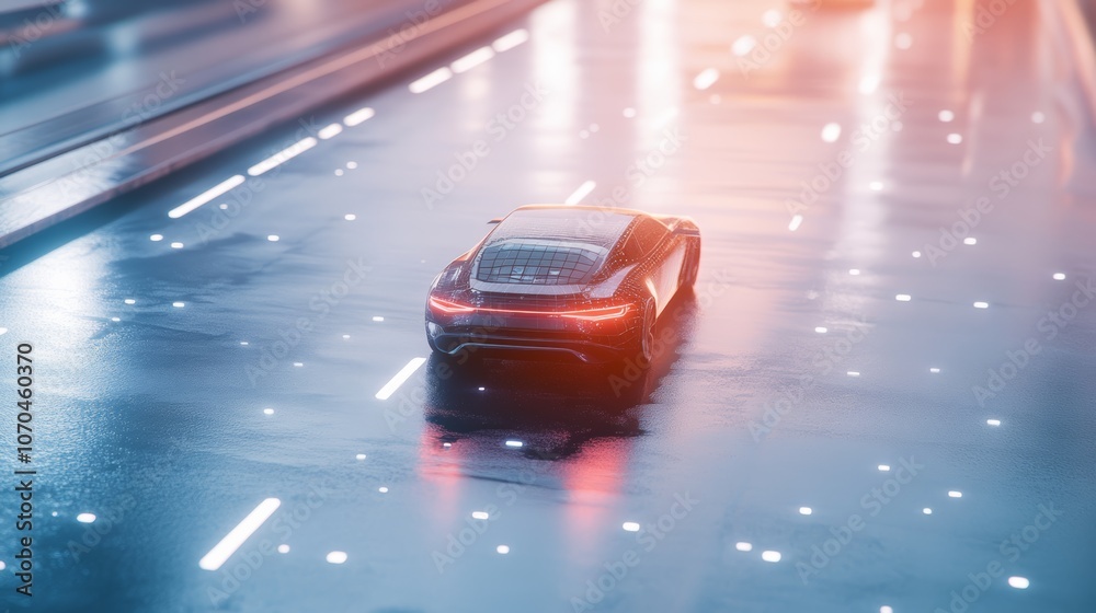 A futuristic car drives on a glowing road in a city at night. A futuristic car drives on a glowing road in a city at night.