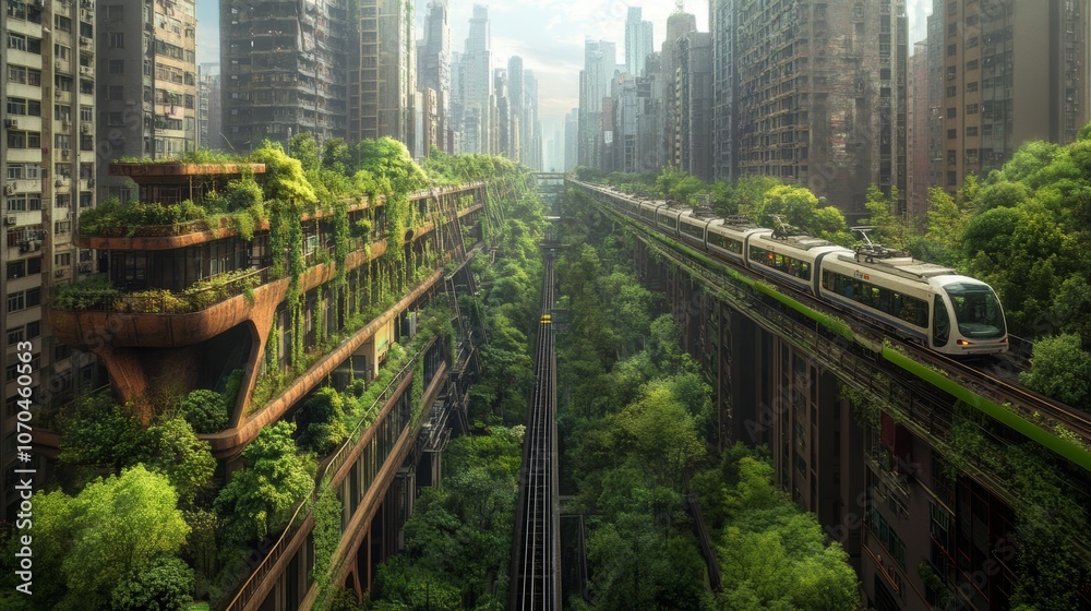 Naklejka premium A futuristic city with green buildings and a train running through a lush forest.