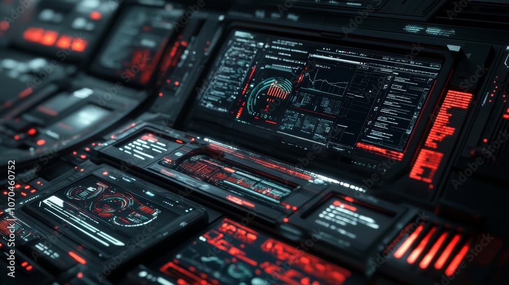 A futuristic control panel with red and blue glowing lights and a large display showing data and charts. A futuristic control panel with red and blue glowing lights and a large display showing data and charts.
