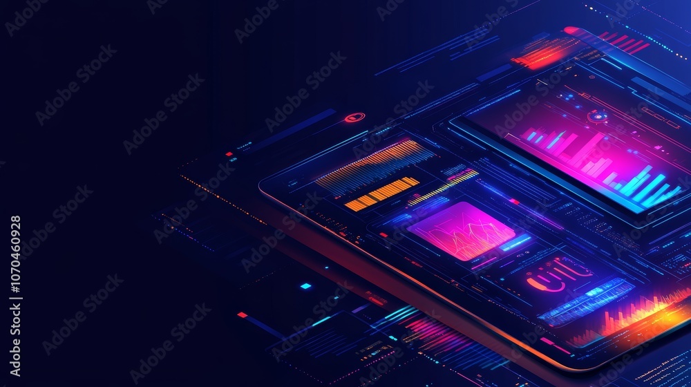 Fototapeta premium A futuristic digital interface with glowing neon lights and data visualizations.