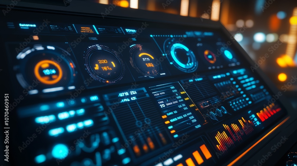 Obraz premium A futuristic digital interface with glowing blue and orange displays, showing data and graphs.